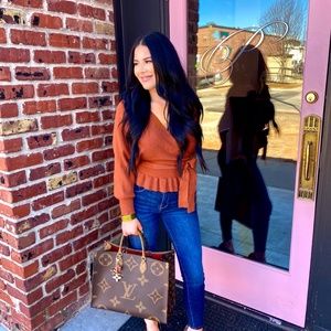 Brown Cut-Out Tie Ruffle Sweater